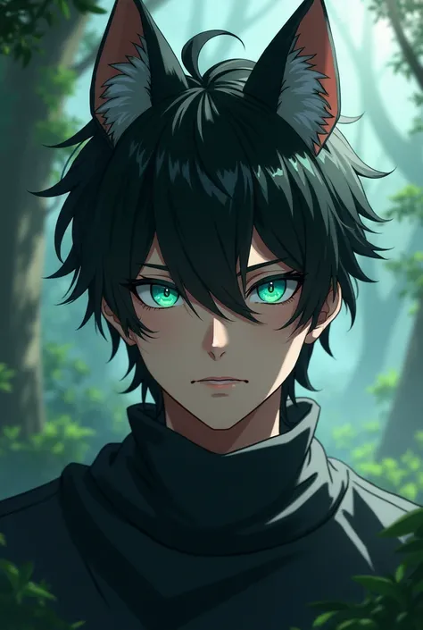 Male anime character with black hair with wolf ears with aqua green eyes 