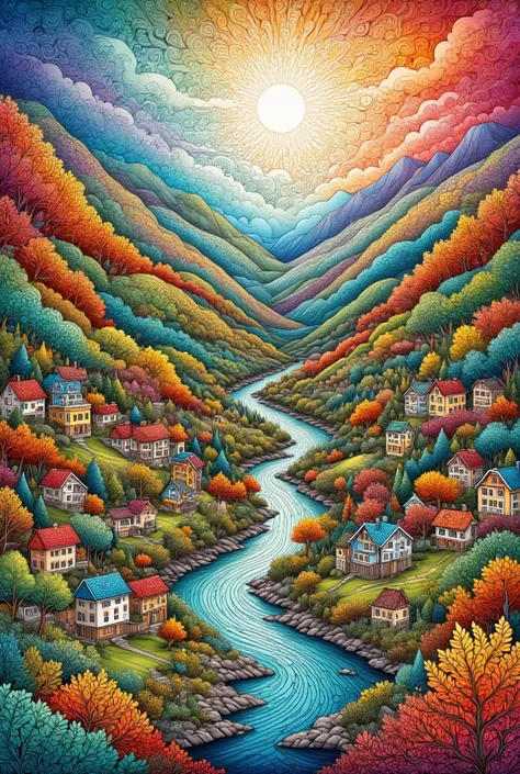 Watercolor illustration, picturesque autumn valley with winding river reflecting vibrant leaves' mosaic, river meandering, red and orange foliage-covered cliffs, colorful houses with blue, yellow, green roofs, unique architectures nestled within, overcast ...