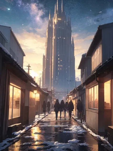  Animated Scenery of a City with Towers , People Walking on Snowy Roads , Space Sky.  on ne: Makoto Shinkai,  Beautiful Anime Scenes , Makoto Shinkai,  Cyril Roland , Anime Background Art,  Beautiful Animated Scenery ,  Anime Art Wallpaper 4K,  Anime Art W...