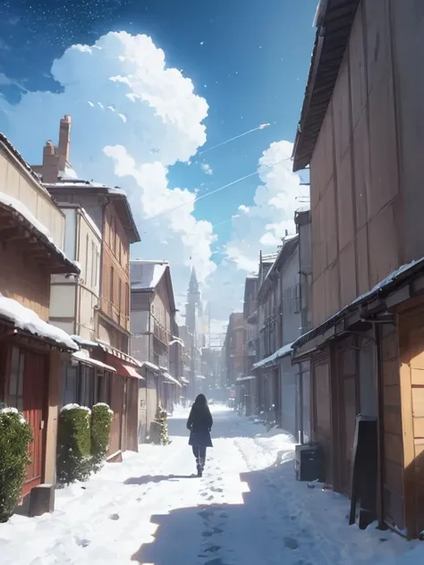  Animated Scenery of a City with Towers , People Walking on Snowy Roads , Space Sky.  on ne: Makoto Shinkai,  Beautiful Anime Scenes , Makoto Shinkai,  Cyril Roland , Anime Background Art,  Beautiful Animated Scenery ,  Anime Art Wallpaper 4K,  Anime Art W...