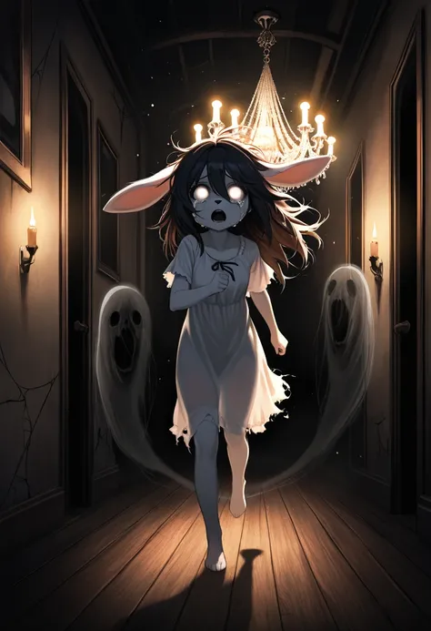 1girl, (furry, kemono:1.4), rabbit girl, animal nose, rabbit ears, horror, scary, crying, running, long hair, messy hair, tears, sweat, open mouth, big eyes, looking back, scary expression, bare feet, tattered clothes, torn clothes, white clothes, nightgow...