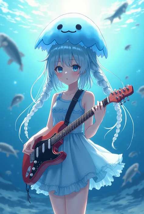 Create an anime image of a girl on her head wearing a jellyfish and wearing a jellyfish-like outfit, holding a guitar, creating a situation where a stream of water is blowing from a flock of cute fish surrounded far away.