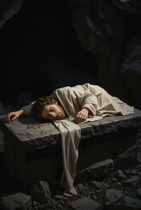 Jesus lying on the stone of his grave 