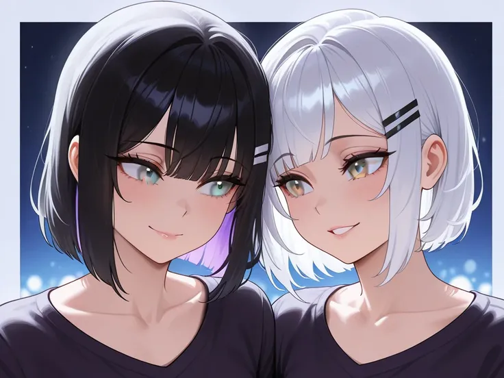 Two deities with distinct human aspects and characteristics. One with a calm and patient personality, collarbone, short hair, bangs, silver eyes, hair ornament, white hair, hair clip.
And the other deity with a shy and cheerful personality. Long black hair...