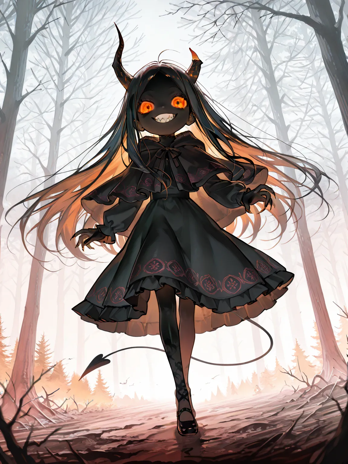 (solo:1.3), 1girl\(devil, beautiful, evil, (pure black skin),sharp teeth,cute,kawaii,big eyes,evil smile,(long nail),orange eyes,orange sclera, detailed pupils,wearing capelet\(very big,(very long),Tattered,(traditional_patterned:1.2),very detailed face,\)...