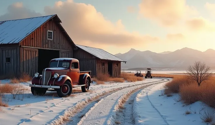 realistic photo of an old barn in the distance, winter day with snow on the ground, old farm equipment parked next to the barn, golden hour lighting, old pickup truck parked in the foreground, tire tracks leading to the barn, mountains in the background
