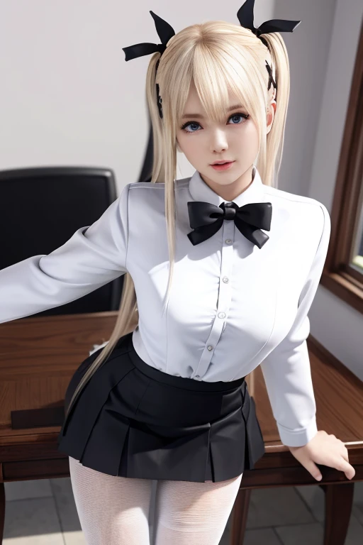 Marie_rose, master-piece, best quality, white office suit, black tight skirt, white pantyhose, office lady, look infront, facing front