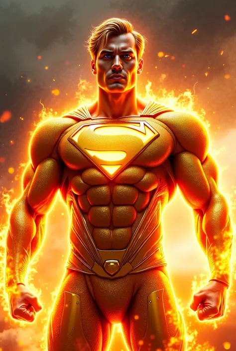 An ultra-realistic depiction of a powerful, muscular Superman, known as 'Super Man', surrounded by intense flames. His body is massive, with every muscle defined and sculpted to perfection, radiating raw strength. The flames wrap around his body, flickerin...