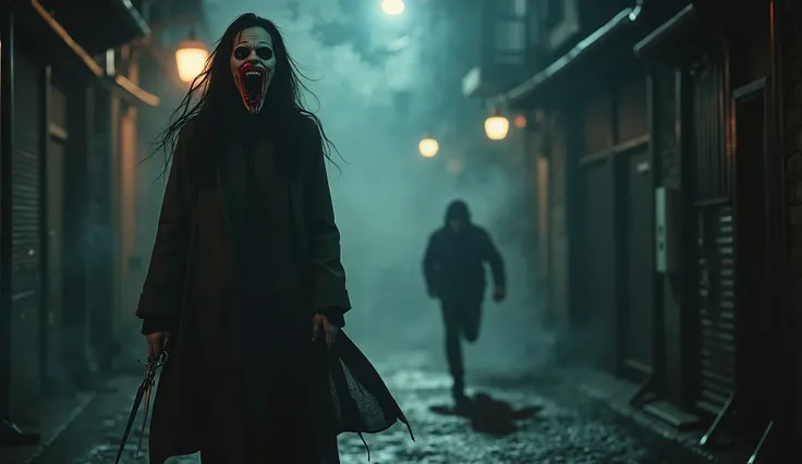 "A terrifying and suspenseful image capturing the fear and tension of the Kuchisake-Onna (Slit-Mouth Woman) Legend. The composition features a dimly lit urban alleyway at night, with the ominous figure of the Kuchisake-Onna standing in the foreground. She ...