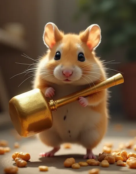 masterpiece, best quality, photorealistic, realistic, photography, Hamster carrying a golden hammer