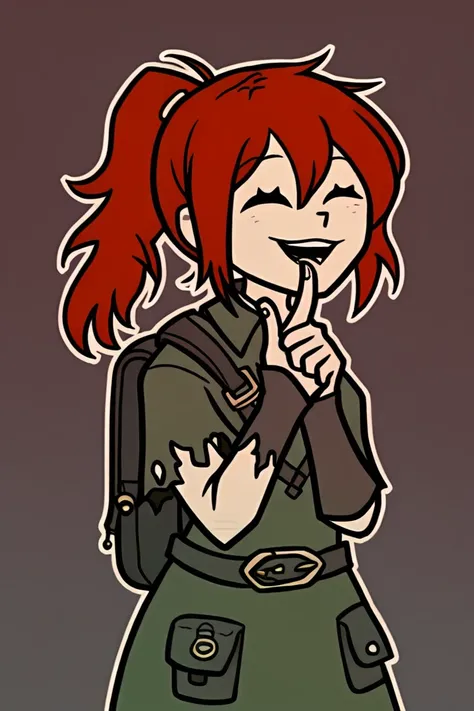 score_9, Solo, 1girl, anna (fire_emblem), red hair, ponytail, trader, sleazy, finger on chin, green clothes, ripped up clothes, medieval, fire emblem, red-eyes, large  backpack, huge backpack, camping backpack, hiker, thick cloak, laughing, eyes closed,