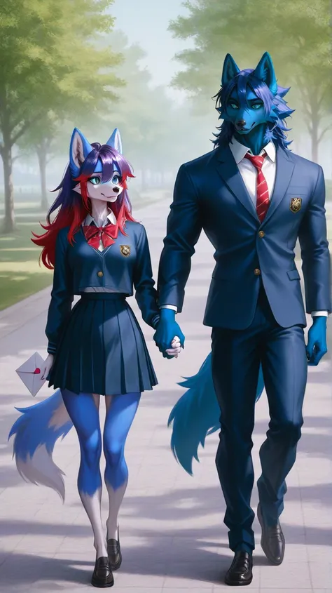 At park, male furry holding hands with female furry, male blue eyes、male short dark blue hair, male furry with muscular body, dark blue black furry male, female has green eyes, purple hair with red hair tips, female with blue fur body, snout, wolf ears, wo...