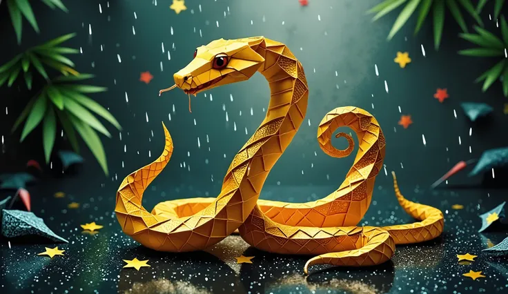 Hyper-realistic macro photography of a python Snake ascending a wet asphalt road, glistening obsidian skin reflecting diffused overcast light, individual raindrops clinging to its coiled muscles. Shallow depth of field with bokeh-blurred tropical rainfores...