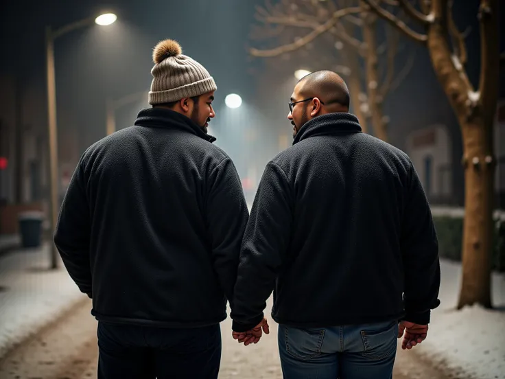  Two Gay Couples、 Japanese、smile、fat、obesity、Age 30、 bulging crotch、 staring at each other、 on their backs。 it's snowing。 Snow Flutters、 walking along a tree-lined street illuminated at night。The first one is Bob Cut、fat、 knitted hat 、 comments、 jacket、 mu...