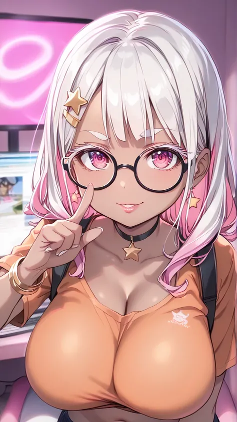 score_9, score_8_ up, score_7_ up, ( 1 girl, Alone, ((Dark Skin)),  side sweep style with long silver natural hair,  pink eye, White eyelashes, White eyebrows,  upper body, White Hair,  Big Breasts , sagging breast), bully, Round big purple lens glasses , ...