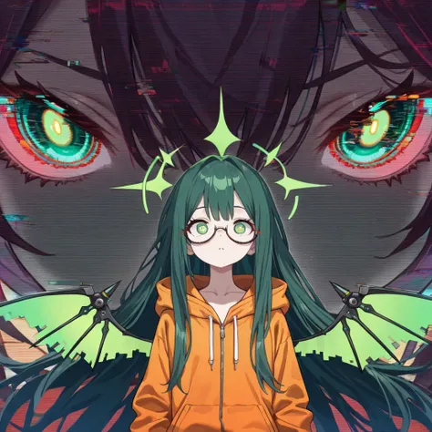 ((1girl,darkgreen-long-hair,green-eyes,horizontal pupils:1.2,orange-hooded-jacket,under-rim-eyewear,Petite Stature)),random pose ,floating
(scanlines,glitch,static:1.3)
A terrifying demon composed of digital matrix code, appearing hauntingly in mid-air. He...