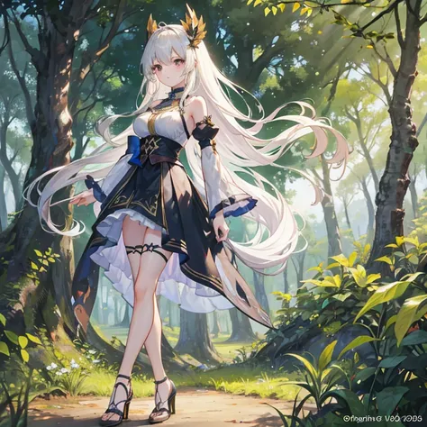    An anime girl in a lightweight witch costume   ,  She is tall  ,   her hair fluttering with the wind   ,    leaning against the rough bark of an ancient tree   ,   with seteny {ten}  Her divine and alluring posture attracts nearby mercenaries .   Her en...