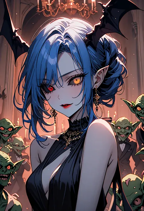 1 , elegant,  monster girl , ballroom, cocktail dress, is, mansion, close up, party, Black Sclera, demon, goblin, harpia, Sensual, blue hair,  golden eyes.
