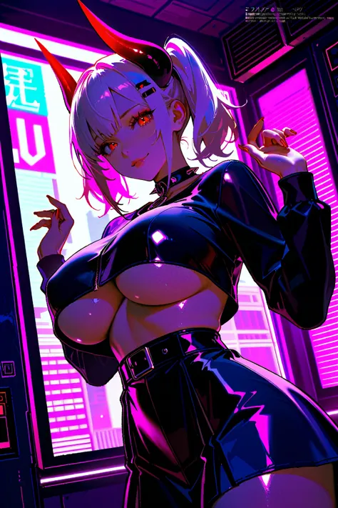 score_9, score_8_up,score_7_up,masterpiece, best quality, perfect anatomy, very aesthetic, sexy art, 8k,source_anime,2D, megami magazine, rating_safe ,1girl,shiny skin ,gleaming skin,seductive smile,eyelashes,lips gloss,devil_girl,horns,huge_breasts,underb...