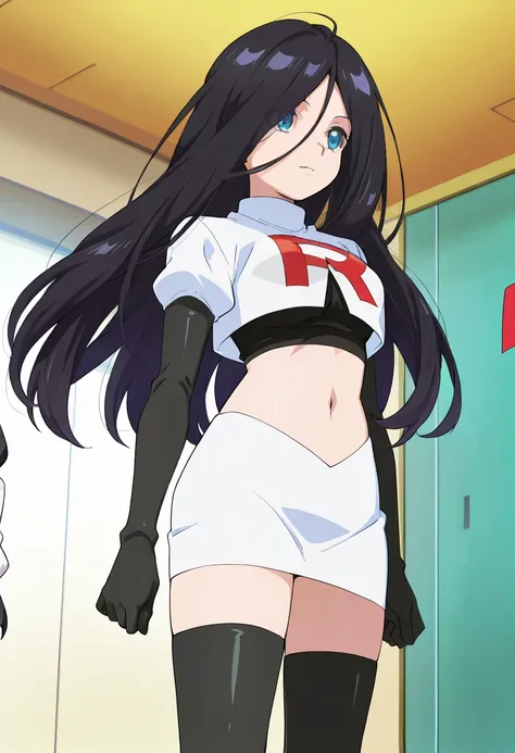 best quality, masterpiece
BREAK
1girl, natsukohirose, black hair, long hair, blue eyes,
team rocket,team rocket uniform,white skirt,red letter R,crop top,black thigh-highs,black elbow gloves, cowboy shot,
indoors