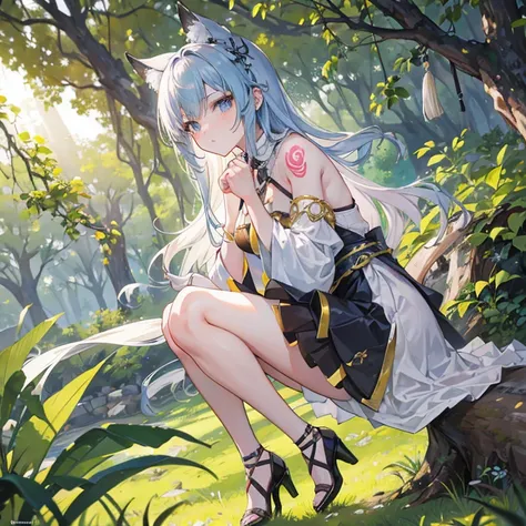    An anime girl in a lightweight witch costume   ,  She is tall  ,   her hair fluttering with the wind   ,    leaning against the rough bark of an ancient tree   ,   with seteny {ten}  Her divine and alluring posture attracts nearby mercenaries .   Her en...