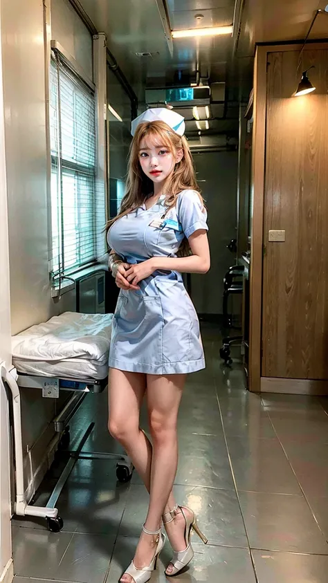 a beautiful young 24-year-old Japanese woman, beautiful, detailed anatomy, beautiful skin, random hair color and hairstyle, big breasts, nurse hat, (nurse uniform:1.3), nurse cap, (she is standing:1.2), full body shot, high heels, hospital, (best quality,8...