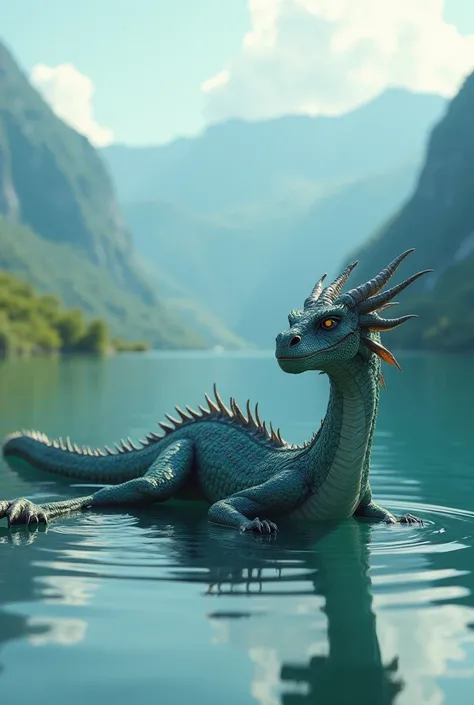 ultra realistic photograph of a stunning anthropomorphic femdragon beautiful gorgeous, in swimwear, lies on the water surface of the lake, stunning composition evoke a sense of admiration, hyper realistic and hyper detailed, hyper emotional, epic cinematic...