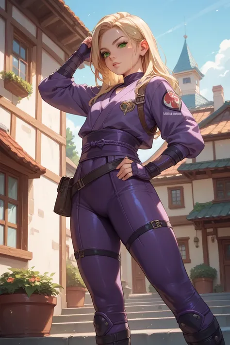  Young Girl,  long blonde hair ,  green eyes , It is standing on the roof of a house looking out onto the street, He wears a black and purple ninja costume he wears a neckline