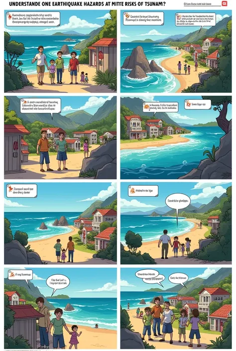 Create a 12-box comic strip that encourages people to appreciate the value of knowing the dangers of earthquakes and reducing the risk of tsunamis.