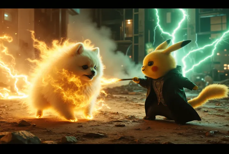 A battle scene featuring a white Pomeranian engulfed in fire burning, charging forward with fiery energy, against Pikachu dressed as Voldemort. Pikachu is wearing a dark cloak and wielding a wand, casting a green lightning. The battlefield is set in the ru...