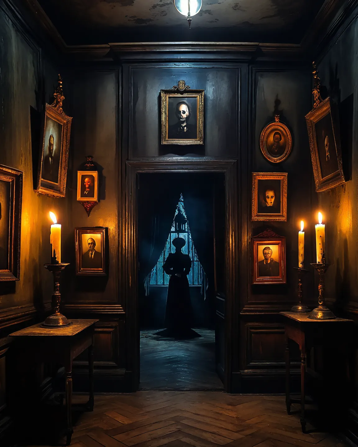 haunted mansion interior, dark and gloomy, flickering candles, old portraits on the walls, creepy ambiance, horror, eerie atmosphere, cinematic lighting, dark gothic architecture, A mysterious and unsettling place. esao andrews style, ch