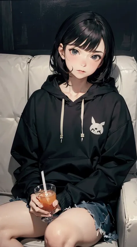 The image shows a cute, anime-style character sitting on a light gray couch. The character is wearing a black hoodie, and the hood has a shark face design with big teeth and eyes. Black hair sticks out from under the hood, with bangs falling over the face....