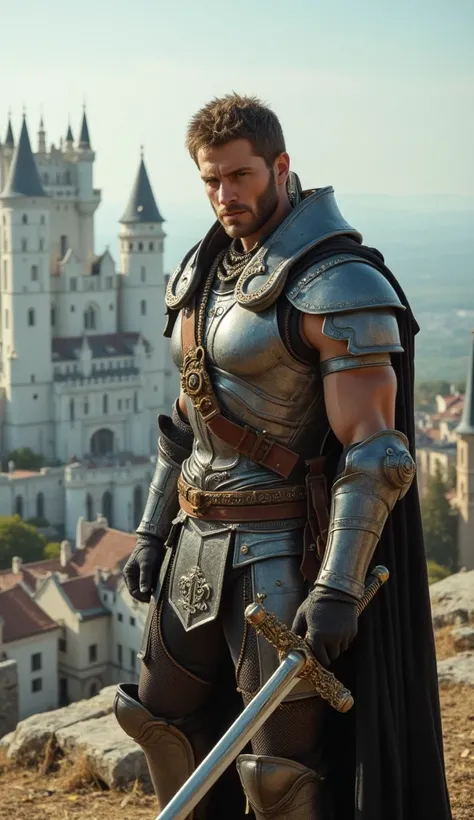 A handsome. Hunk men,muscular body,toned muscles,with a shoulders armor and large boots armor with intricate details,holding a sword with beautifil intricate details,dynamic pose ,a incredible fantasy medieval Town and a beautifil white castle overview,fal...