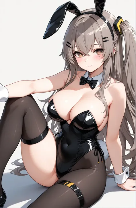 animal_ears, bunny_ears, rating:safe, 1girl, long_hair, thigh_strap, breasts, detached_collar, brown_hair, bunnysuit, leotard, solo, looking_at_viewer, strapless, bow, navel, bowtie, bare_shoulders, very_long_hair, hair_ornament, arm_support, cleavage, bla...