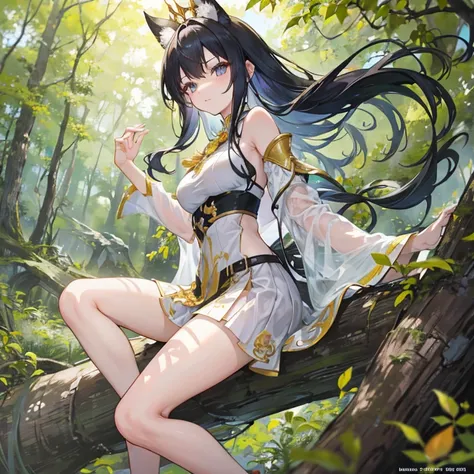    An anime girl in a lightweight witch costume   ,  She is tall  ,   her hair fluttering with the wind   ,    leaning against the rough bark of an ancient tree   ,   with seteny {ten}  Her divine and alluring posture attracts nearby mercenaries .   Her en...