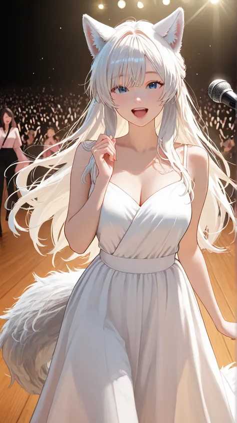 Pretty girl with wolf ears, with wolf tail,The male snake has ears, the wolf has a wild tail,Long white hairstyle,Front eyes attract , Beautiful blue eyes,4k quality ,Quality images, Realistic detail,Elegant look , Cute,สวมชุดกระโปร Cuteสีดำดูใส่รองสันสูงส...