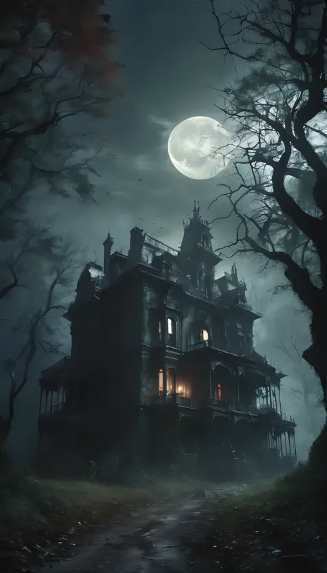 (best quality, 4k, 8k, hi-res, masterpiece: 1.2), ultra detailed, (realistic, photorealistic, photorealistic: 1.37), haunted mansion, abandoned house, ruined building, creepy atmosphere, moonlight, spider web, mossy walls, cracked windows, flickering candl...