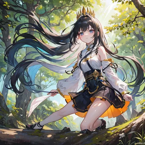    An anime girl in a lightweight witch costume   ,  She is tall  ,   her hair fluttering with the wind   ,    leaning against the rough bark of an ancient tree   ,   with seteny {ten}  Her divine and alluring posture attracts nearby mercenaries .   Her en...