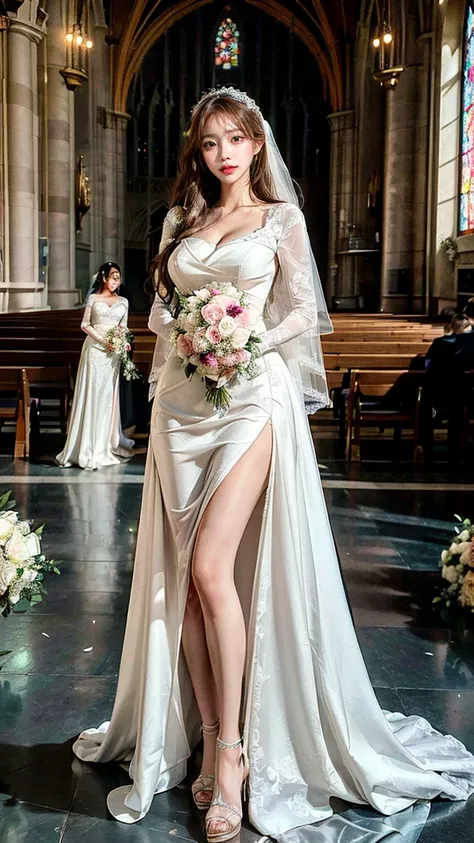 A beautiful young Japanese woman, 26 years old, with healthy thighs, beautiful legs, flawless skin, random hair color and style, large breasts, wearing a (wedding dress:1.3), (she is standing:1.2), full body shot, high heels, holding a bouquet in her hands...