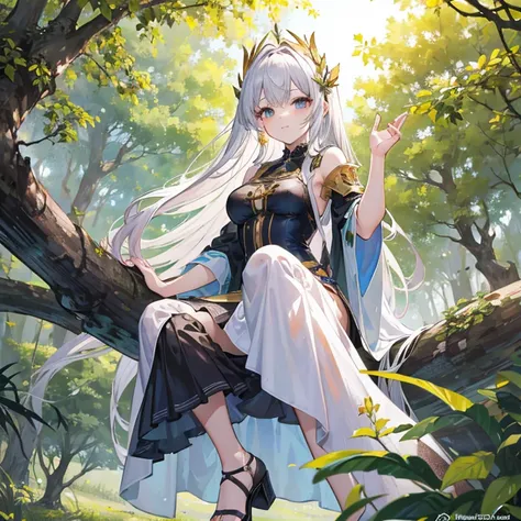    An anime girl in a lightweight witch costume   ,  She is tall  ,   her hair fluttering with the wind   ,    leaning against the rough bark of an ancient tree   ,   with seteny {ten}  Her divine and alluring posture attracts nearby mercenaries .   Her en...