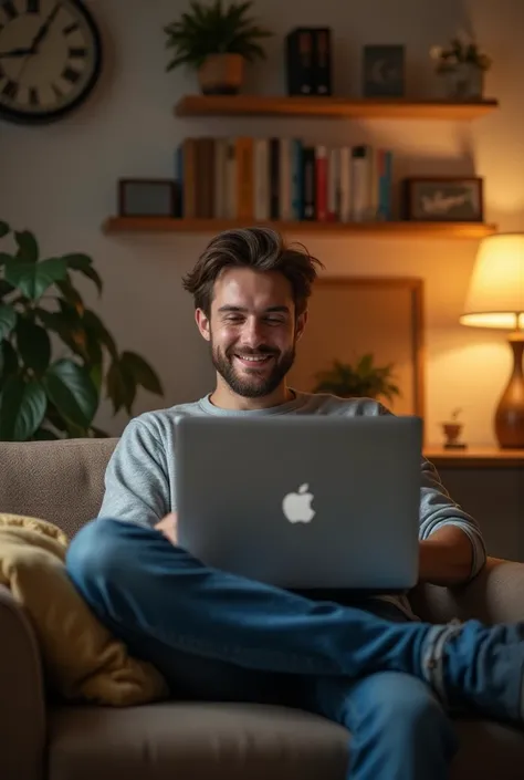 A young man sitting comfortably in a cozy, well-organized room with a clear expression of happiness and contentment on his face. He is multitasking effortlessly, working on a laptop while managing other tasks around him. The room is neatly arranged with a ...