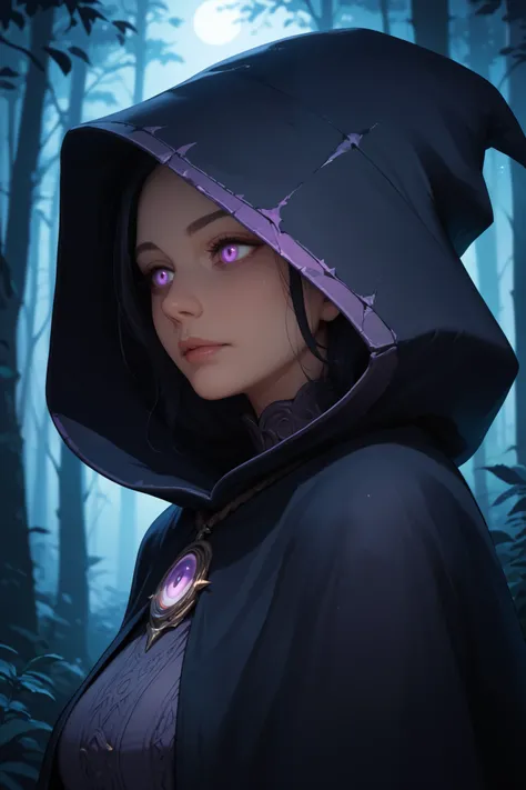 1girl. mature. witch. black hair. glowing purple eyes. wearing black cloak with hood. face obscured by shadow. dark. forest. night time. sfw. cowboy shot. close up. high resolution.