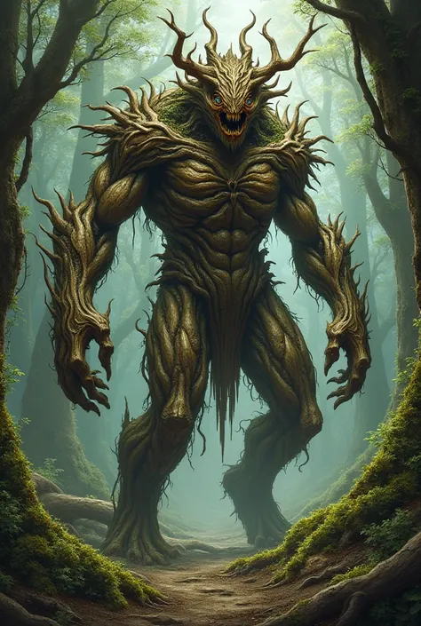 Brown wood monster;
Wood elemental creature;
Brown forest background.