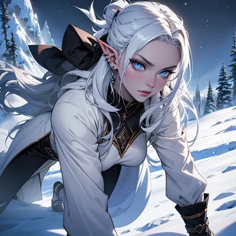 (Best quality, a high resolution:1.2), dark and mysterious, detailed white fur clothing, pale skin, smokey eyes, long white hair, blue eyes, half-elf appearance, busty, solo, full body, expressive and piercing gaze, earrings and ear piercings, snowy mounta...