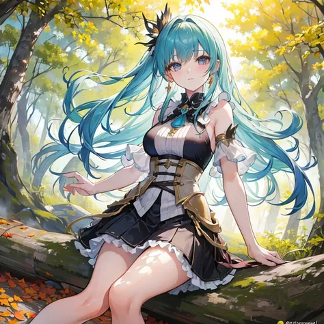    An anime girl in a lightweight witch costume   ,  She is tall  ,   her hair fluttering with the wind   ,    leaning against the rough bark of an ancient tree   ,   with seteny {ten}  Her divine and alluring posture attracts nearby mercenaries .   Her en...