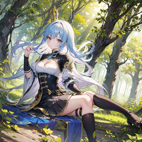    An anime girl in a lightweight witch costume   ,  She is tall  ,   her hair fluttering with the wind   ,    leaning against the rough bark of an ancient tree   ,   with seteny {ten}  Her divine and alluring posture attracts nearby mercenaries .   Her en...