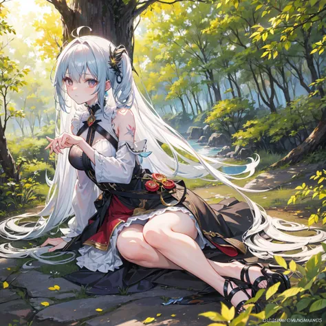    An anime girl in a lightweight witch costume   ,  She is tall  ,   her hair fluttering with the wind   ,    leaning against the rough bark of an ancient tree   ,   with seteny {ten}  Her divine and alluring posture attracts nearby mercenaries .   Her en...