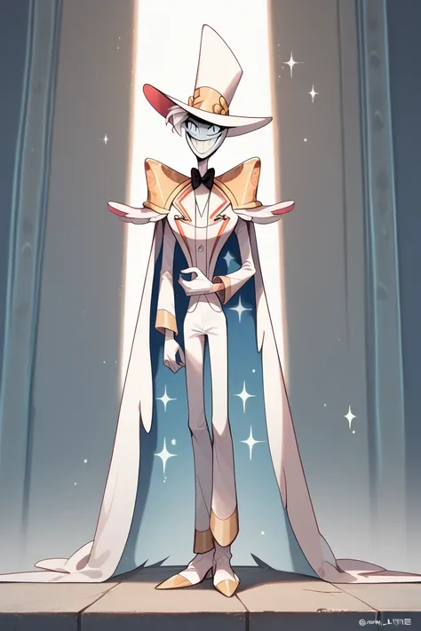 Solo, God, hazbin hotel, cape, cape attached to wrists, white suit, white hair, white gloves, aqua blue eyes, epaulletes, smile, white shoes, standing
BREAK
High Resolution, Best Quality, Masterpiece, day, horizon