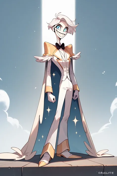 Solo, God, hazbin hotel, cape, cape attached to wrists, white suit, white hair, white gloves, aqua blue eyes, epaulletes, smile, white shoes, standing
BREAK
High Resolution, Best Quality, Masterpiece, day, horizon