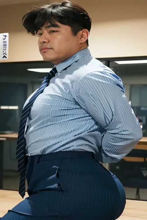 40-year-old boy ,Korean bulky male officer ,Wear navy blue police uniform shirt................ pinstripe navy blue smooth tight trouser, transparent pants obvious underwear print ,((unrealistic super big tight butt wearing pants)), legs wide open, legs on...